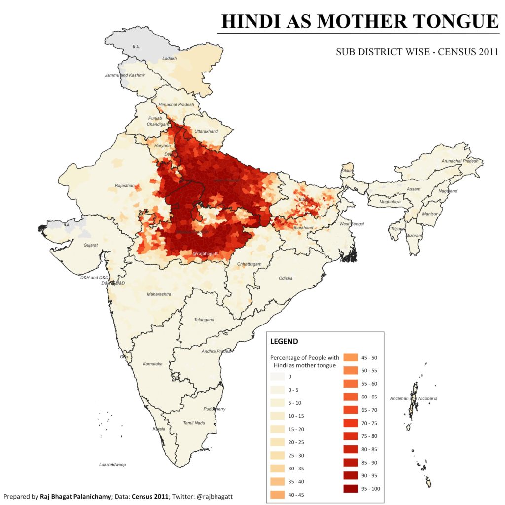 Map showing percentage of people who reported Hindi as their mother tongue during the 2011 Census of India.